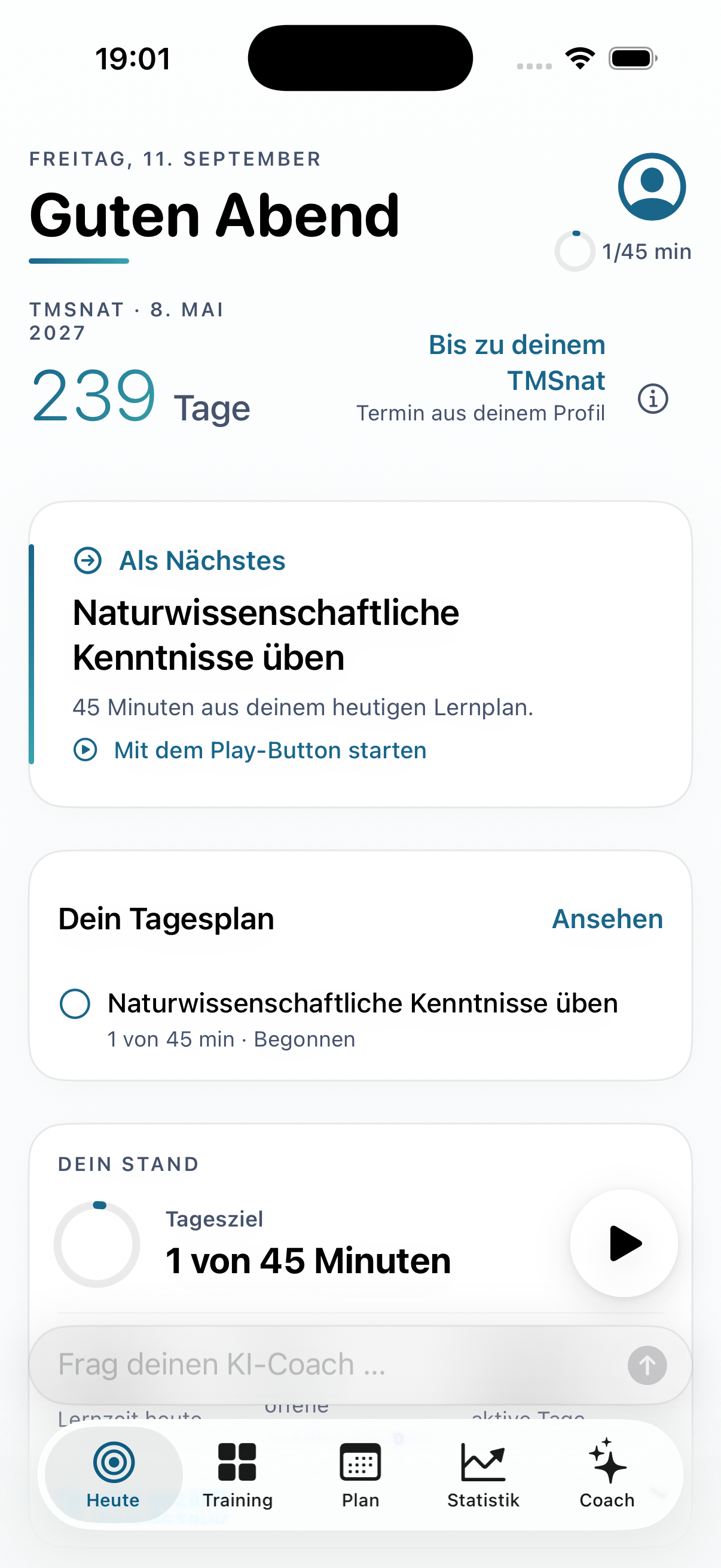 Entwicklungsansicht der App: Heute mit nächster Übung, Tagesplan und persönlichem Lernstand.