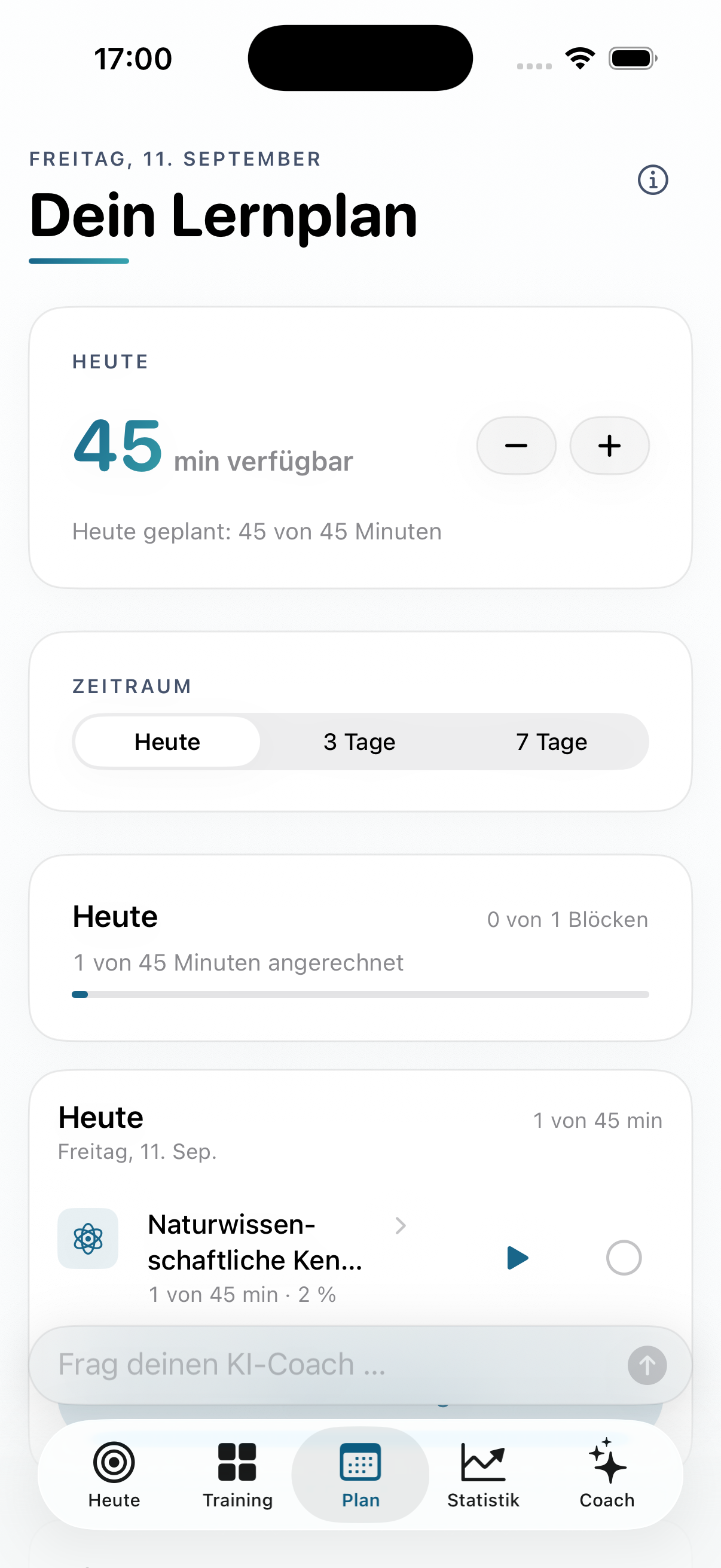 Entwicklungsansicht des Lernplans mit verfügbarer Lernzeit und dem heutigen Übungsblock.